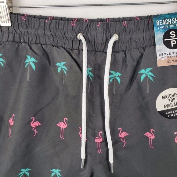 NWT 360 Surf Men's Beach Shorts Black w/ Flamingo and Palm Tree Recycled Poly - Picture 2 of 9